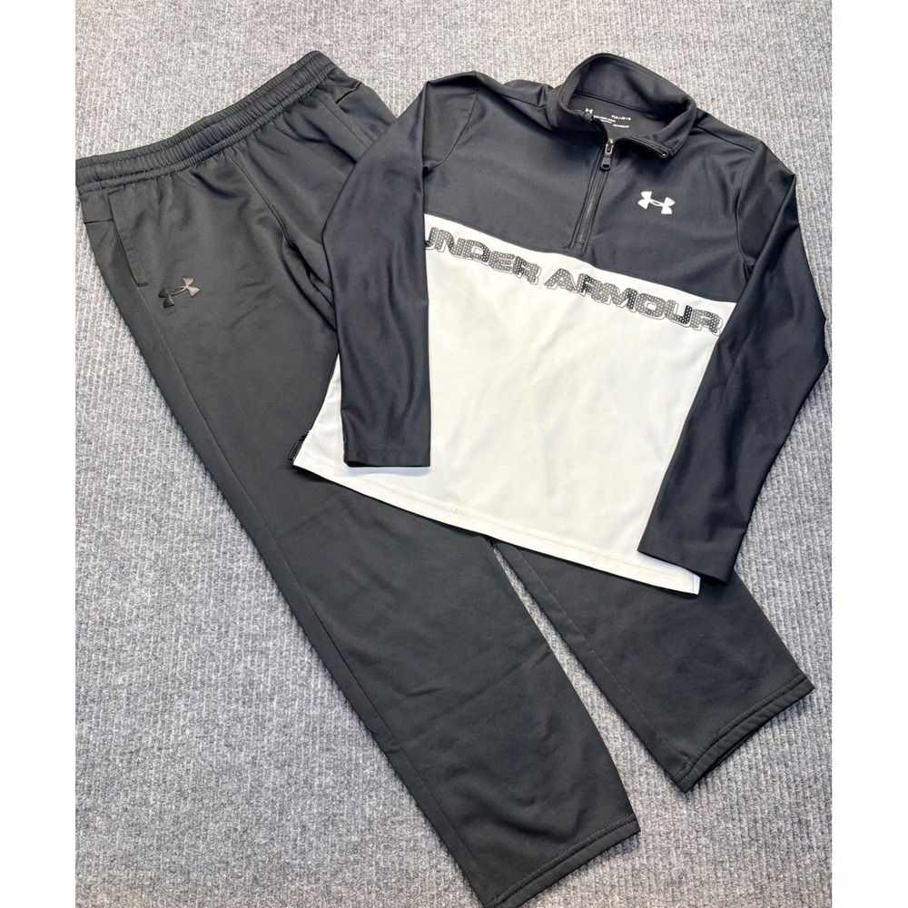 Under Armour Kids HeatGear Track Suit Set Black White Quarter Zip Pants YL Large